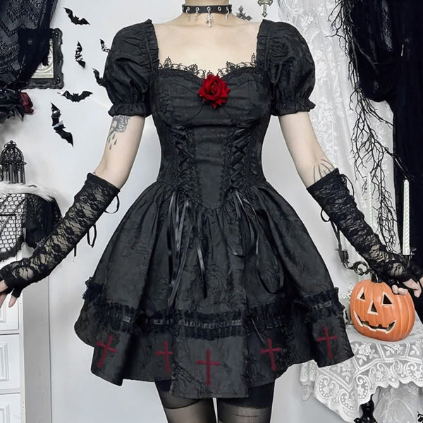 Gothic Vampire Puff Sleeve Mini Dress - Vedlit