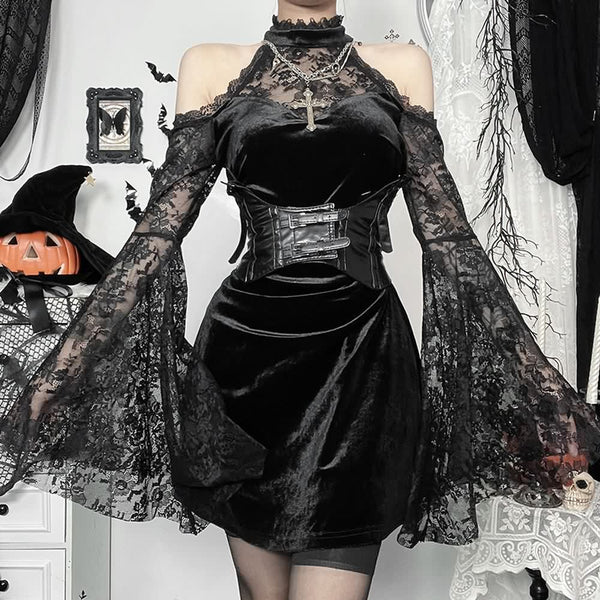 Gothic Velvet Lace Halter Long Sleeve Mini Dress - Vedlit