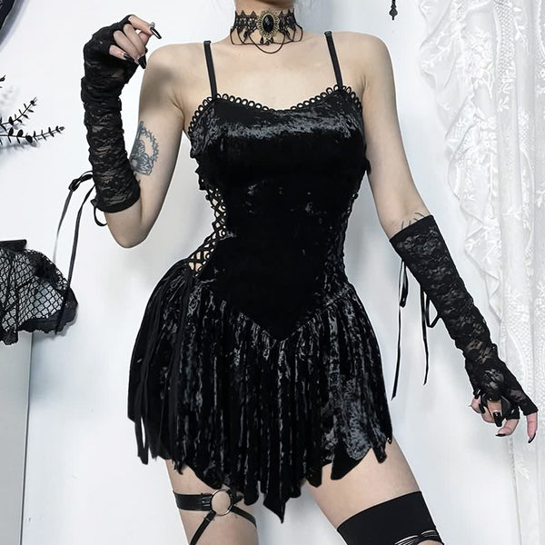 Gothic Velvet Lace Up Cut Out Mini Dress - Vedlit