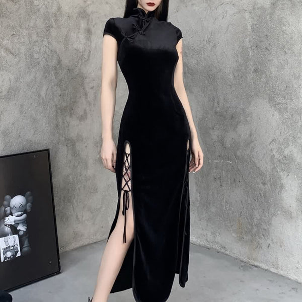 Gothic Velvet Slit Cheongsam Dress - Vedlit