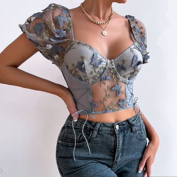 Gray Floral Embroidery Mesh Puff Sleeve Crop Top - Vedlit