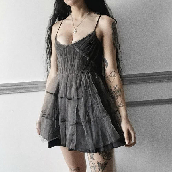 Gray Goth Grunge Mesh Overlay Mini Dress - Vedlit