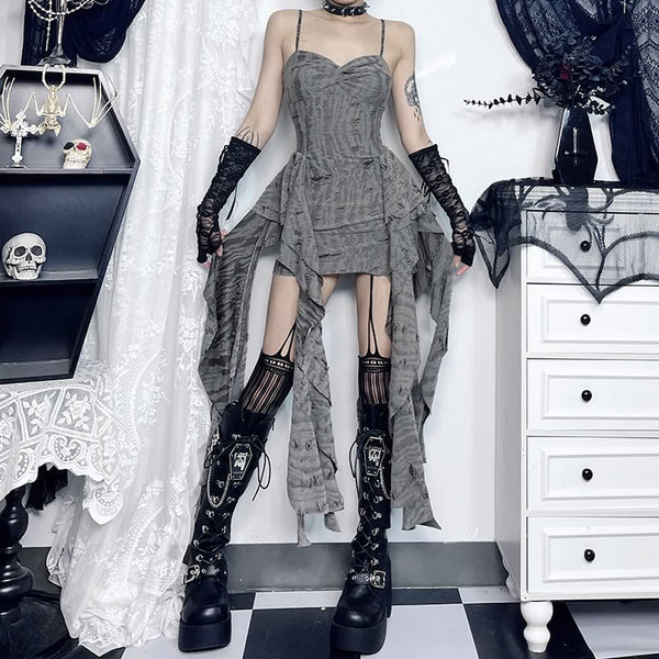 Gray Gothic Grunge Distressed Mini Dress - Vedlit