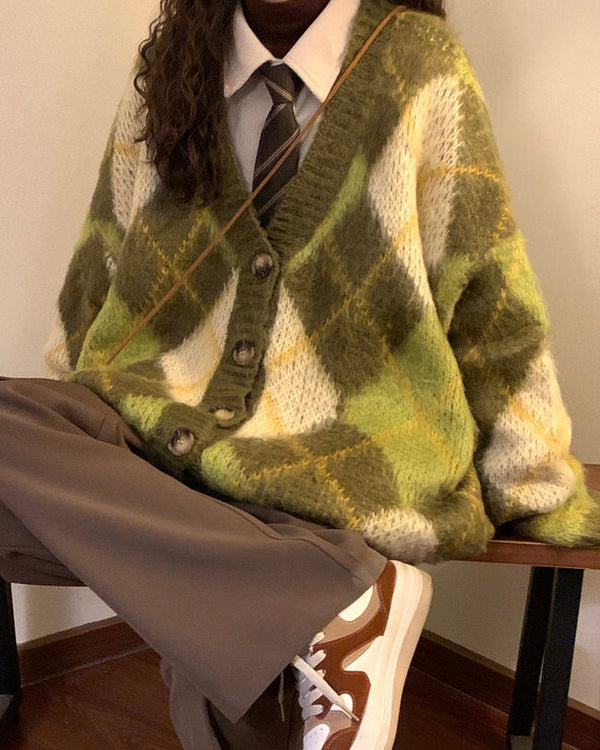 Warm Vibes Green Argyle Cardigan Sweater - Vedlit