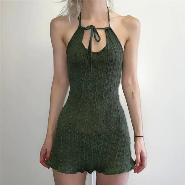 Green Fairy Grunge Halter Knit Short Dress - Vedlit