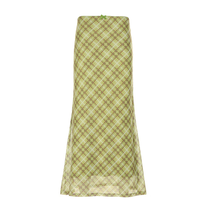 Green Plaid Mesh Maxi Skirt with Bow Detail - Vedlit