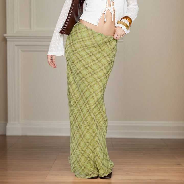 Green Plaid Mesh Maxi Skirt with Bow Detail - Vedlit