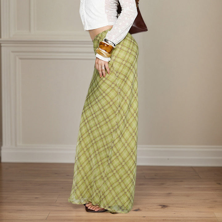 Green Plaid Mesh Maxi Skirt with Bow Detail - Vedlit