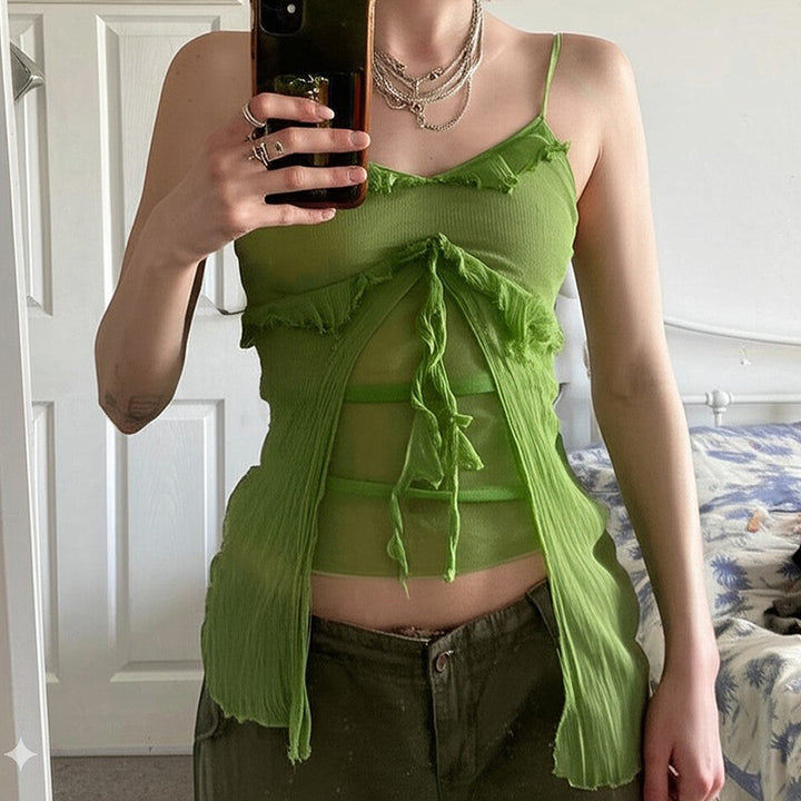 Green Ruffle Mesh Tie Front Cami Top | Vedlit - Vedlit