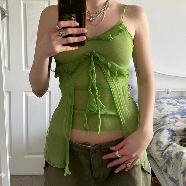 Green Ruffle Mesh Tie Front Cami Top | Vedlit - Vedlit