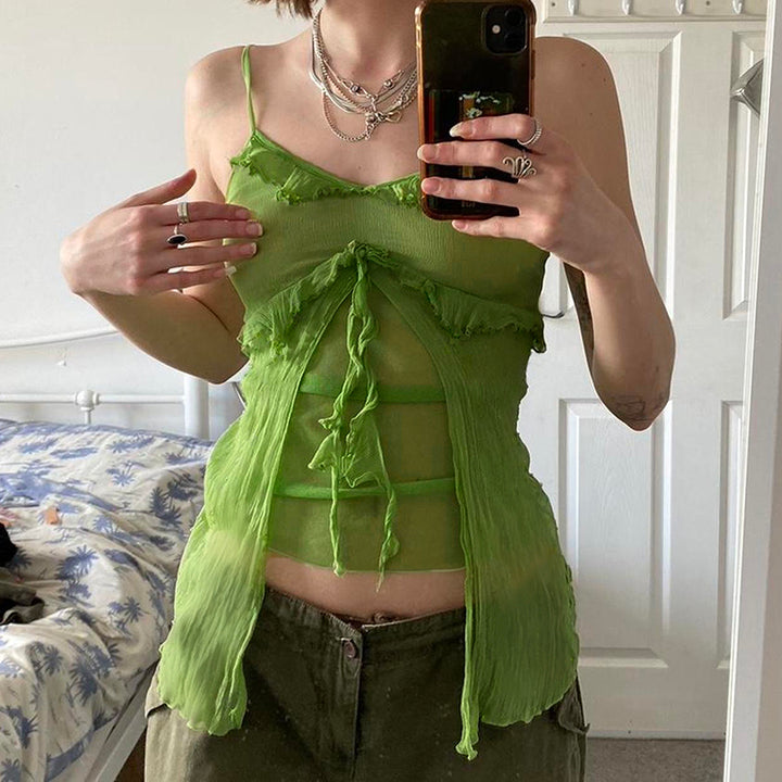 Green Ruffle Mesh Tie Front Cami Top | Vedlit - Vedlit