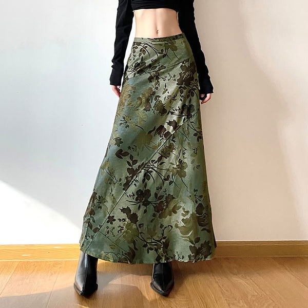 Green Vintage Y2K Floral Maxi Skirt - Vedlit