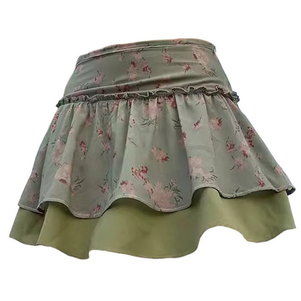 Cottagecore Aesthetic Green Floral Skirt - Vedlit