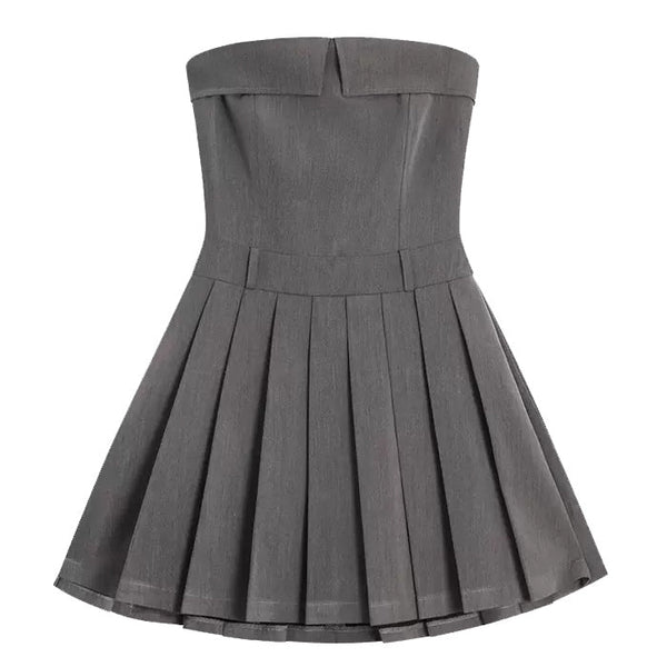 Pleated Mini Dress in Grey - Vedlit