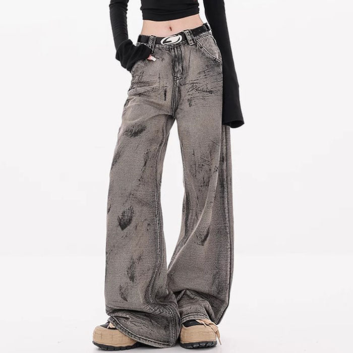 Grunge Aesthetic Wide-Leg Jeans in Grey - Vedlit