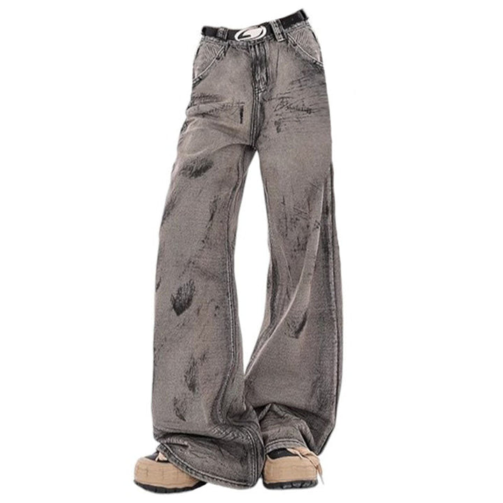 Grunge Aesthetic Wide-Leg Jeans in Grey - Vedlit