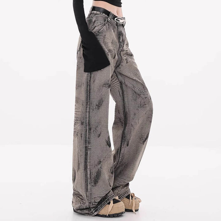 Grunge Aesthetic Wide-Leg Jeans in Grey - Vedlit