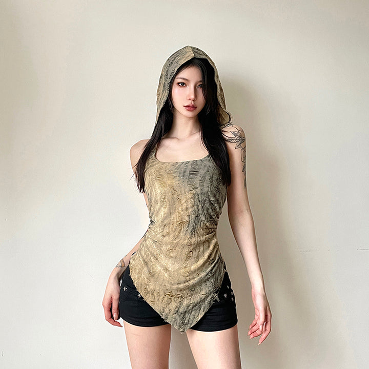 Grunge Asymmetrical Hooded Tube Top with Drape Hem - Vedlit