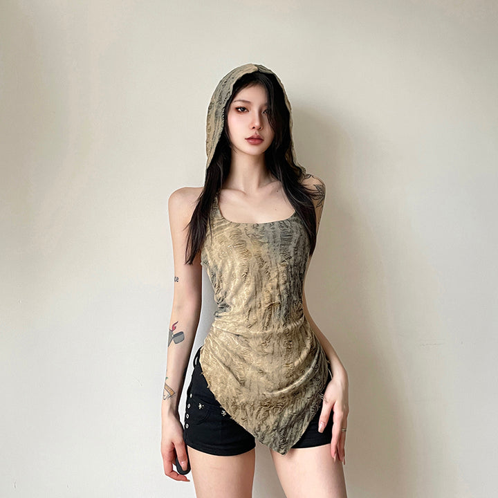 Grunge Asymmetrical Hooded Tube Top with Drape Hem - Vedlit