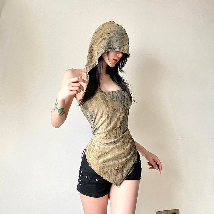 Grunge Asymmetrical Hooded Tube Top with Drape Hem - Vedlit