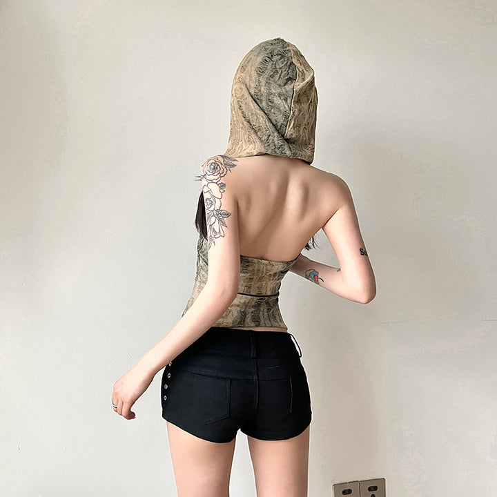 Grunge Asymmetrical Hooded Tube Top with Drape Hem - Vedlit