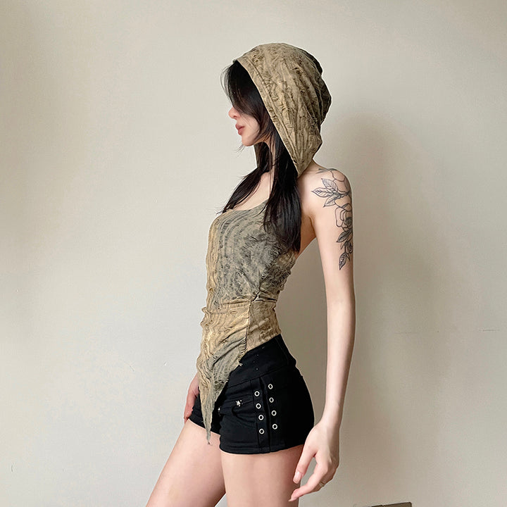 Grunge Asymmetrical Hooded Tube Top with Drape Hem - Vedlit