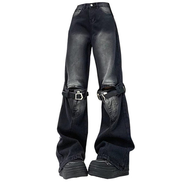 Grunge Aesthetic Knee Buckle Jeans - Vedlit