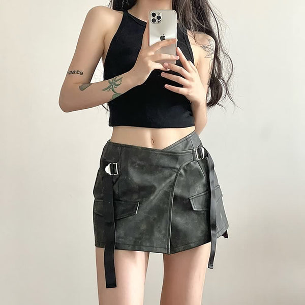 Grunge Faux Leather Wrap Mini Skirt - Vedlit