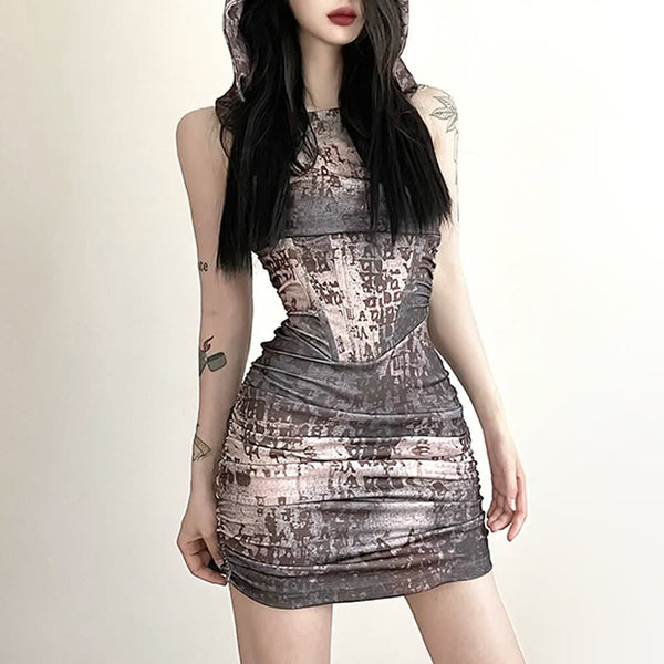 Grunge Hooded Sleeveless Ruched Mini Dress - Vedlit