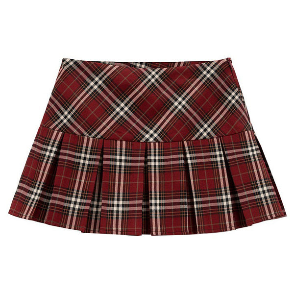 Red Plaid Grunge Pleated Skirt - Vedlit