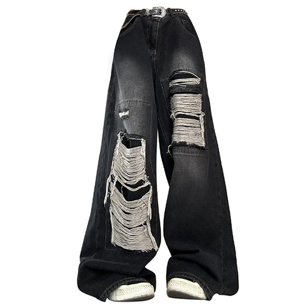 Grunge Aesthetic Ripped Wide Jeans - Vedlit