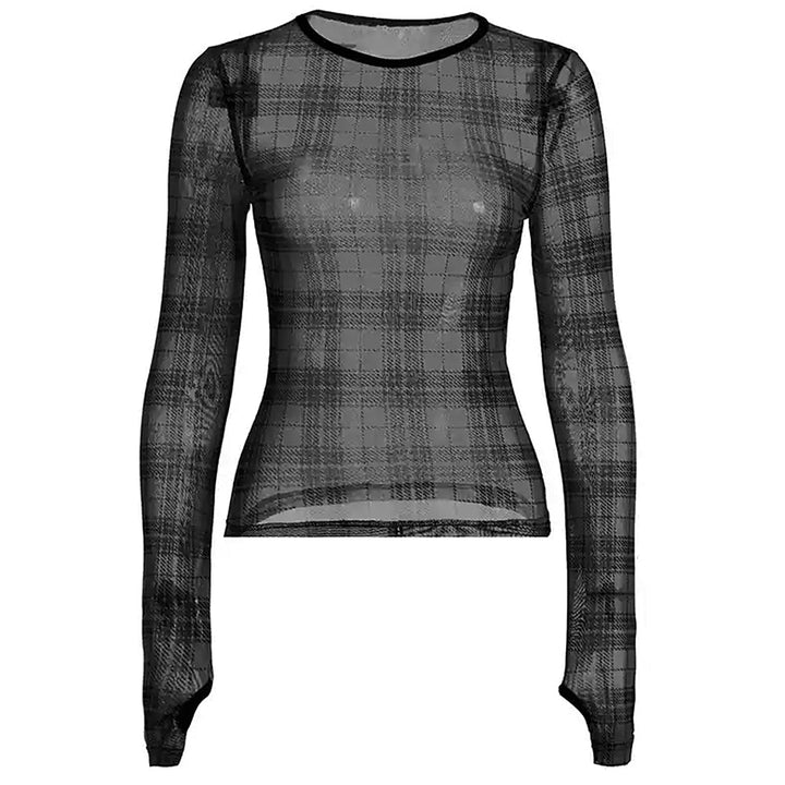 Grunge Plaid Mesh Long Sleeve Top - Vedlit