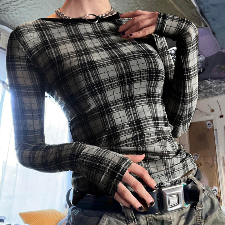 Grunge Plaid Mesh Long Sleeve Top - Vedlit
