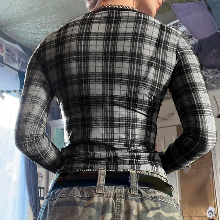 Grunge Plaid Mesh Long Sleeve Top - Vedlit