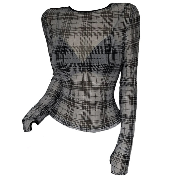 Grunge Plaid Mesh Long Sleeve Top - Vedlit