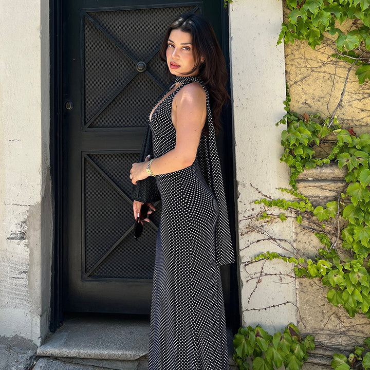 Halter Neck Polka Dot Maxi Dress – Backless Fit & Flare - Vedlit