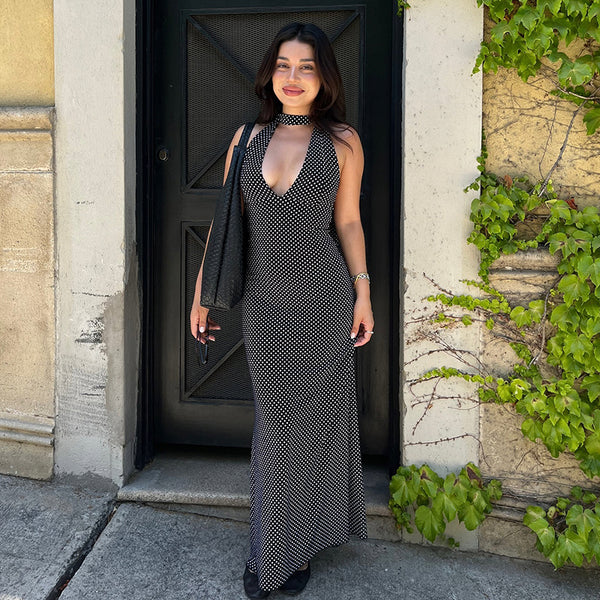 Halter Neck Polka Dot Maxi Dress – Backless Fit & Flare - Vedlit