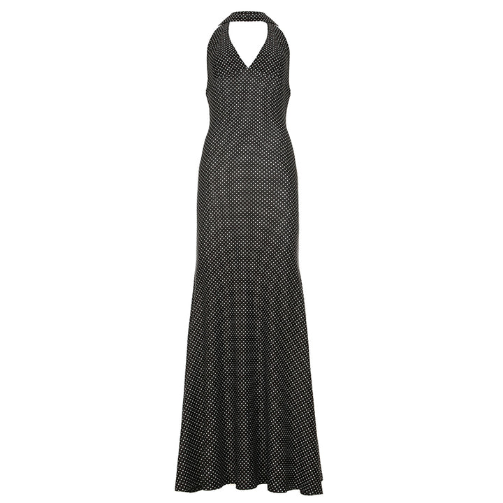 Halter Neck Polka Dot Maxi Dress – Backless Fit & Flare - Vedlit