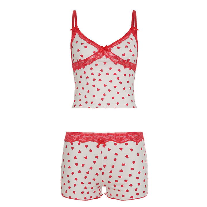 Heart Print Lace Trim Cami Shorts Sleepwear Set - Vedlit