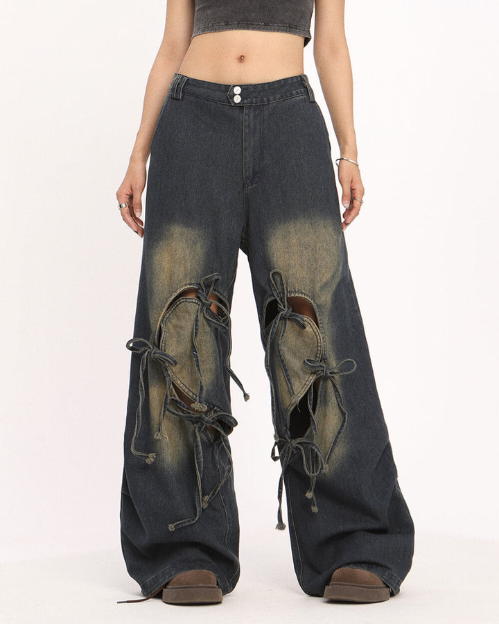 Heart Bow Wide Leg Skater Jeans - Vedlit
