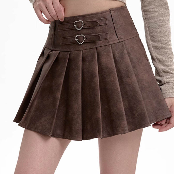 Coffee Cream Heart Buckle Mini Skirt - Vedlit