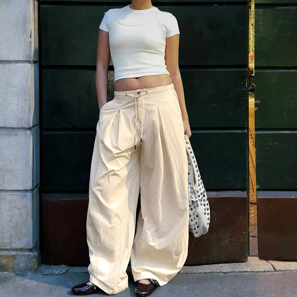 High Waist Pleated Drawstring Wide-Leg Pants in Beige - Vedlit
