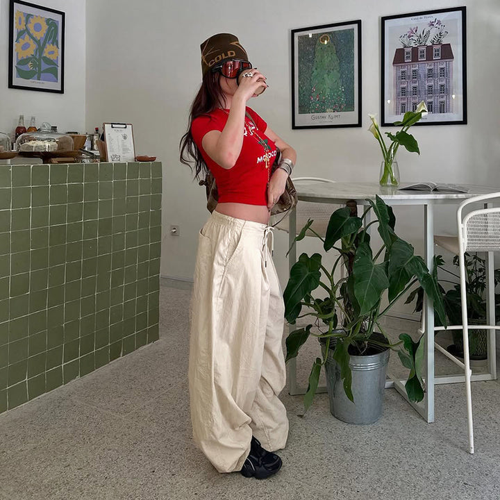 High Waist Pleated Drawstring Wide-Leg Pants in Beige - Vedlit