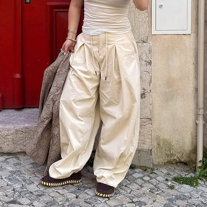 High Waist Pleated Drawstring Wide-Leg Pants in Beige - Vedlit