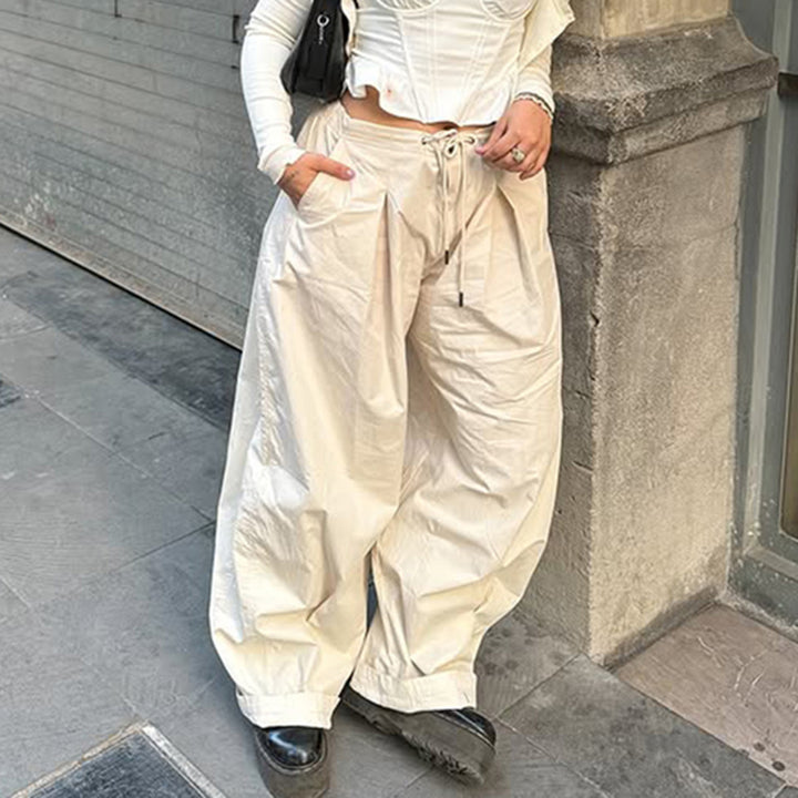 High Waist Pleated Drawstring Wide-Leg Pants in Beige - Vedlit