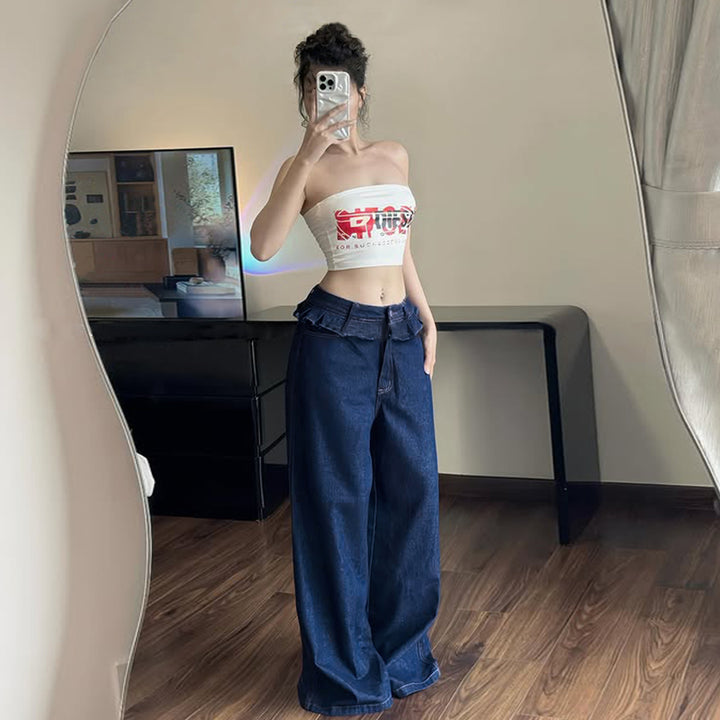 High Waist Ruffle Trim Wide Leg Denim Jeans - Vedlit