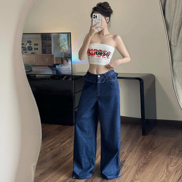 High Waist Ruffle Trim Wide Leg Denim Jeans - Vedlit