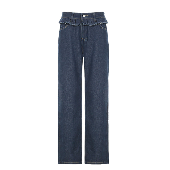 High Waist Ruffle Trim Wide Leg Denim Jeans - Vedlit