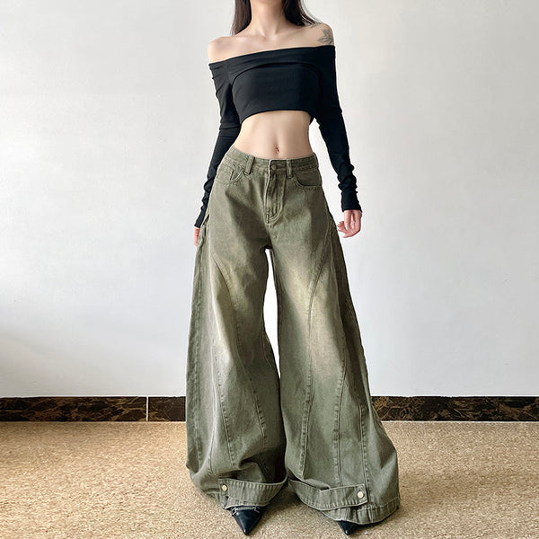 High Waist Wide Leg Panelled Denim Jeans - Army Green - Vedlit