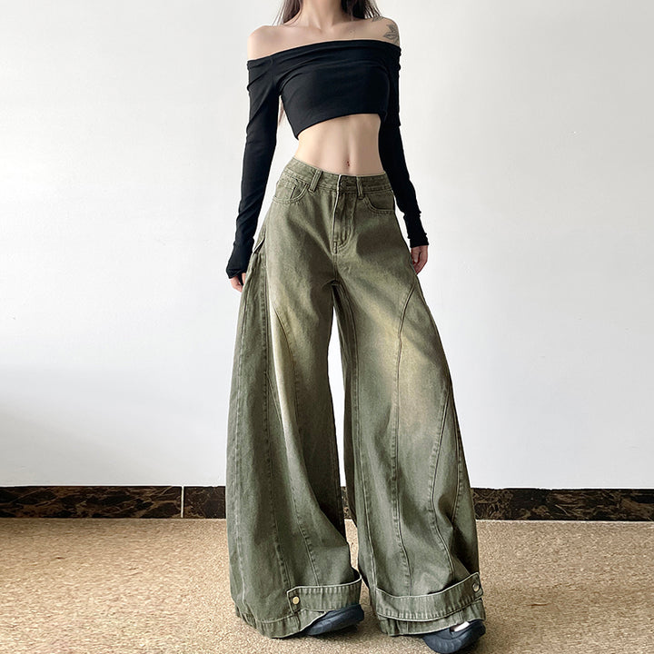 High Waist Wide Leg Panelled Denim Jeans - Army Green - Vedlit